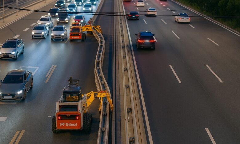 Caminhão zíper operando à noite em rodovia chinesa para ampliar faixa de tráfego
