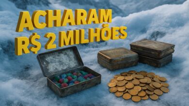Caixa metálica aberta revela gemas preciosas e moedas de ouro sobre o gelo dos Alpes