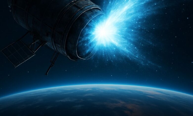 Satélite da NASA em órbita expelindo pulso de luz azul intensa contra o fundo estrelado do espaço
