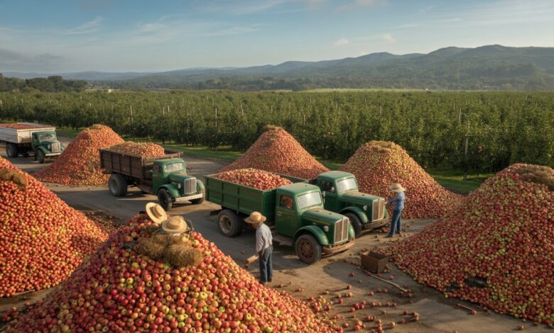 Vista aérea de pomar de maçãs com montes de frutas vermelhas e verdes sendo colhidas por trabalhadores com tratores, em Santa Catarina