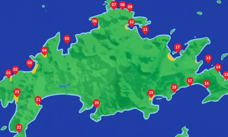 Mapa digital colorido da Ilha Grande com 23 marcadores vermelhos sinalizando locais turísticos importantes.