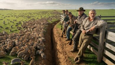 Coelhos selvagens espalhados por uma plantação devastada na zona rural da Austrália