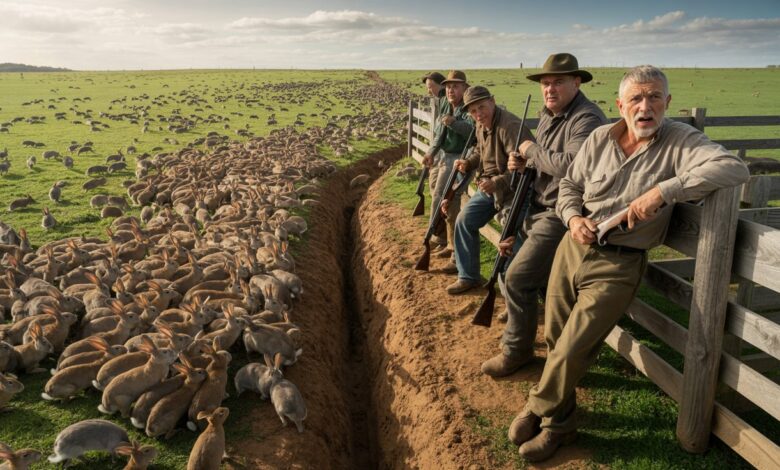 Coelhos selvagens espalhados por uma plantação devastada na zona rural da Austrália