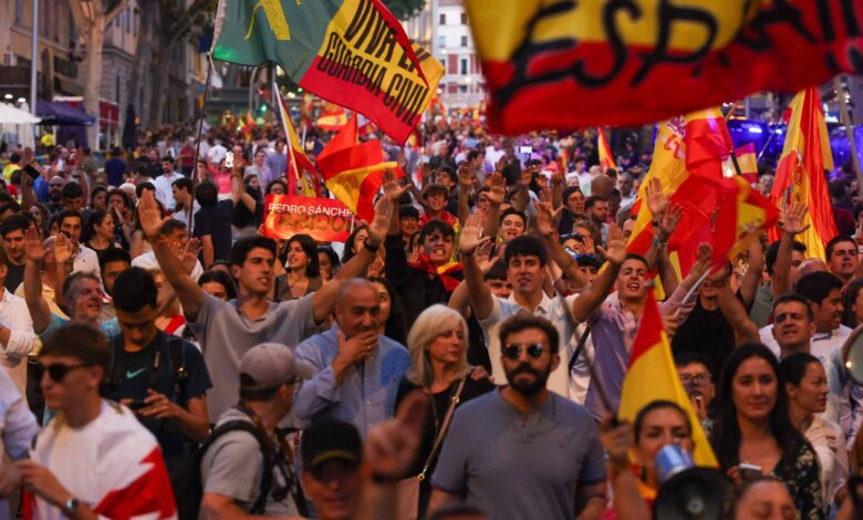 A imagem mostra uma grande multidão em uma manifestação, com pessoas levantando bandeiras da Espanha. Algumas pessoas estão sorrindo e acenando, enquanto outras seguram cartazes. O ambiente é festivo, com muitas pessoas vestindo camisetas e roupas em cores que representam a bandeira espanhola. Ao fundo, há edifícios e uma atmosfera de celebração.