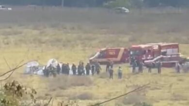 A imagem mostra um campo aberto onde ocorreu um acidente com uma aeronave. Há várias pessoas reunidas em torno do local do acidente, incluindo equipes de emergência. Ao fundo, é possível ver duas ambulâncias e um veículo de resgate. O ambiente é predominantemente seco e com vegetação baixa.