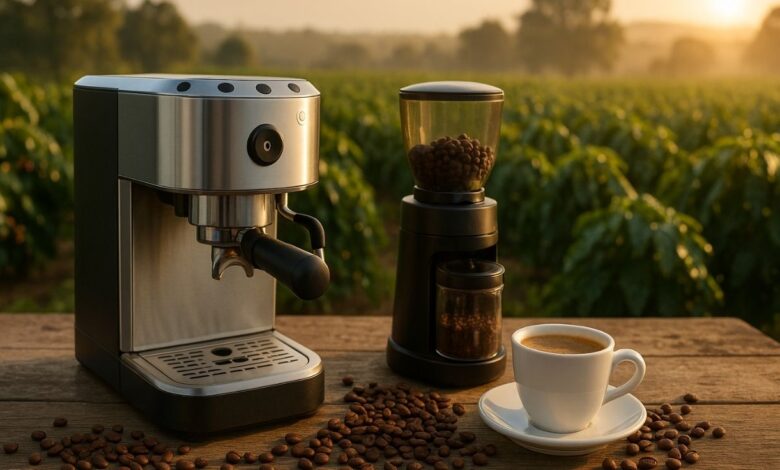 Máquina de café moderna com moedor e xícara servida em mesa de madeira, com plantação de café ao fundo ao amanhecer