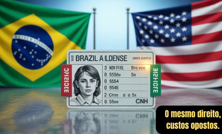 Jovem brasileiro enfrentando burocracia em autoescola e americano recebendo habilitação no DMV em um único dia.