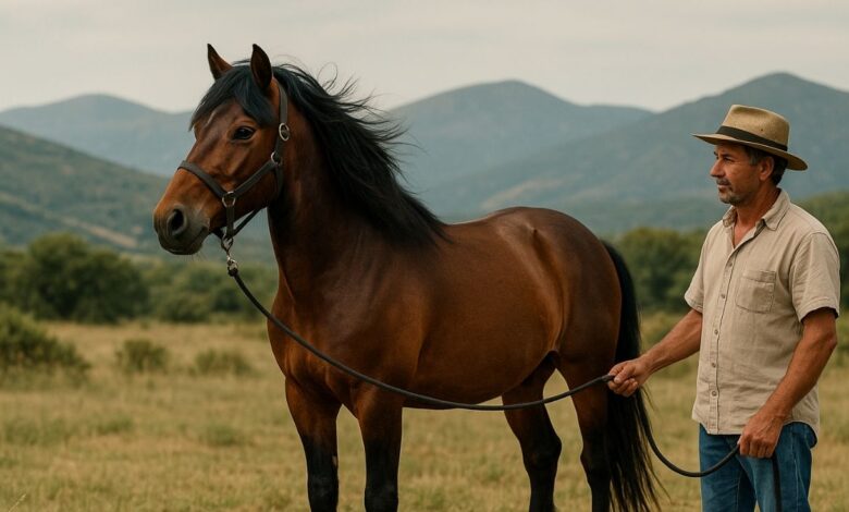 Cavalo garrano com aparência robusta ao lado de criador em área rural de campo e montanhas, representando raça equina portuguesa