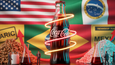 Tarifas dos EUA ameaçam a troca do xarope de milho por açúcar de cana na Coca-Cola e dificultam a mudança prometida por Trump. (Imagem: Reprodução/IA)