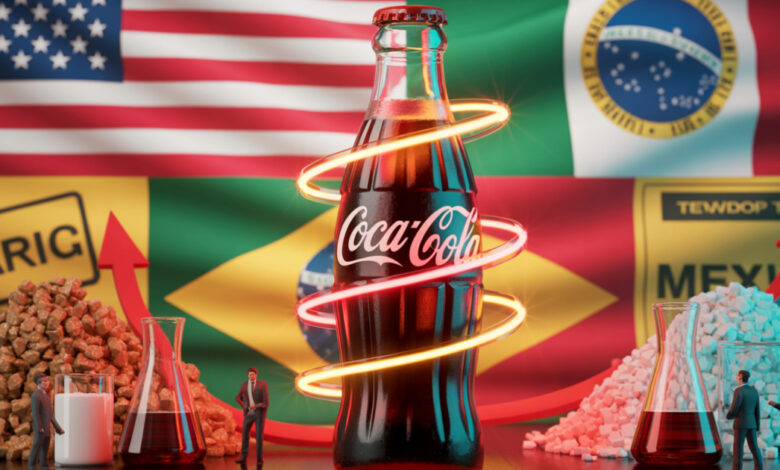Tarifas dos EUA ameaçam a troca do xarope de milho por açúcar de cana na Coca-Cola e dificultam a mudança prometida por Trump. (Imagem: Reprodução/IA)