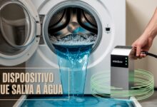Caixa sueca Mimbox promete reduzir em 70% o gasto de água e filtrar microplásticos em máquinas de lavar. Solução chega ao Brasil em breve. (Imagem: ilustração IA)