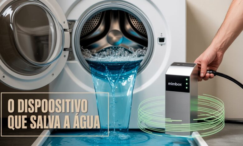 Caixa sueca Mimbox promete reduzir em 70% o gasto de água e filtrar microplásticos em máquinas de lavar. Solução chega ao Brasil em breve. (Imagem: ilustração IA)