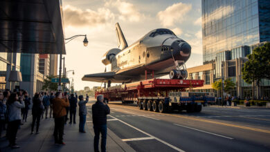 Ruas e bairros inteiros foram bloqueados e 400 árvores derrubadas para o ônibus espacial Endeavour cruzar Los Angeles em um trajeto de 19 km que durou três dias