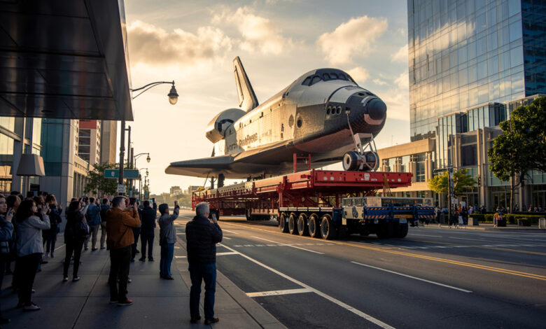 Ruas e bairros inteiros foram bloqueados e 400 árvores derrubadas para o ônibus espacial Endeavour cruzar Los Angeles em um trajeto de 19 km que durou três dias