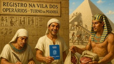 quem construiu as pirâmides? Trabalhador egípcio sorridente com carteira de trabalho azul recebe salário em alimentos de supervisor, com escriba anotando registro e pirâmide ao fundo