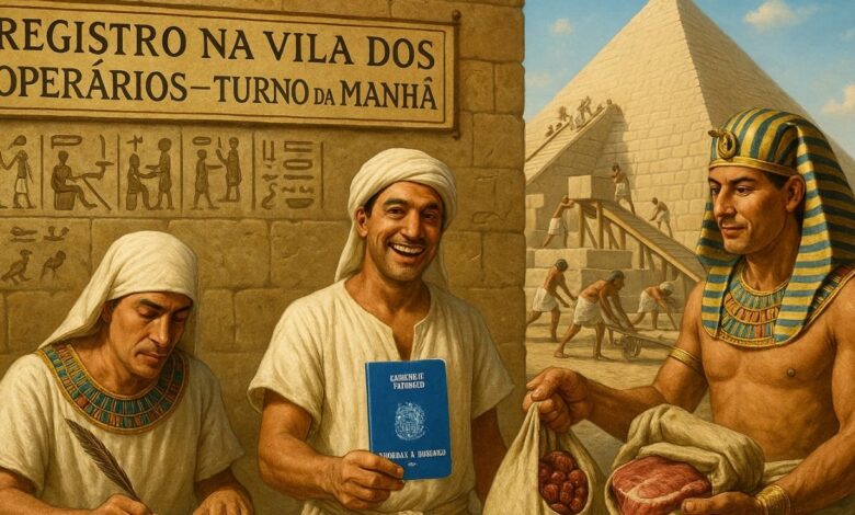quem construiu as pirâmides? Trabalhador egípcio sorridente com carteira de trabalho azul recebe salário em alimentos de supervisor, com escriba anotando registro e pirâmide ao fundo