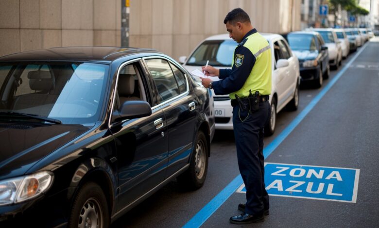 Agente fiscaliza carro em vaga de Zona Azul com cobrança ativa por estacionamento em via pública