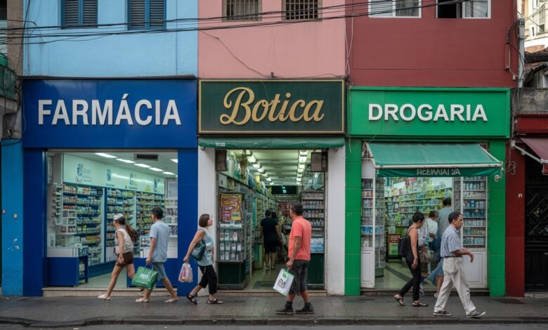 Esquina com três farmácias iluminadas no Brasil, simbolizando a expansão do varejo farmacêutico no país