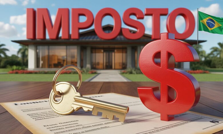 Casa com chave, símbolo de imposto e destaque para valor e tributo, representando cobrança do ITBI na compra de imóveis no Brasil