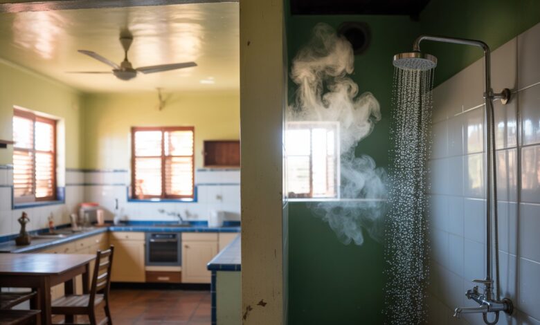 Cômodos de uma casa brasileira com eletrodomésticos típicos usados por milhões de famílias, como ventilador, fogão de resistência e chuveiro elétrico