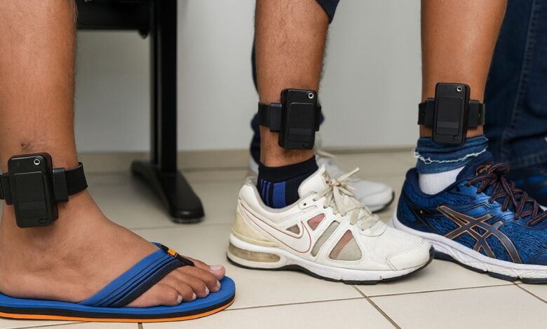 Imagem em alta qualidade mostrando três pessoas com tornozeleira eletrônica moderna no tornozelo, uma com chinelo, outra com tênis branco e outra com tênis azul, destacando o sistema de monitoramento eletrônico em ambiente controlado.