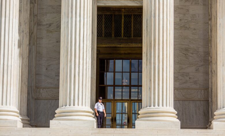 A guard on the Supreme Court steps