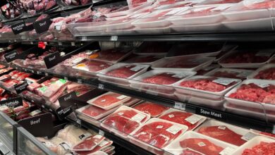 A imagem mostra uma seção de carnes em um supermercado, com várias bandejas de carne dispostas em prateleiras. As bandejas contêm diferentes cortes de carne bovina, como carne moída, carne para ensopado e outros tipos de carne. As embalagens são transparentes, permitindo ver o conteúdo. Há etiquetas com os nomes dos cortes e preços visíveis. O ambiente é bem iluminado e organizado.