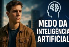 Jovem pensativo em cenário urbano ao lado de ilustração de cérebro digital, simbolizando medo da inteligência artificial.