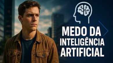 Jovem pensativo em cenário urbano ao lado de ilustração de cérebro digital, simbolizando medo da inteligência artificial.