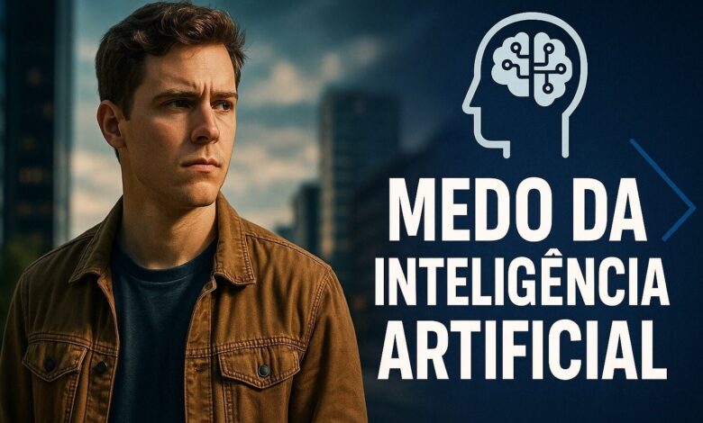 Jovem pensativo em cenário urbano ao lado de ilustração de cérebro digital, simbolizando medo da inteligência artificial.