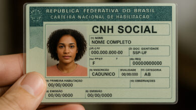 Carteira Nacional de Habilitação Social sendo segurada por uma mão, destacando dados e foto da condutora.