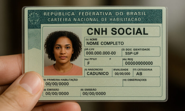 Carteira Nacional de Habilitação Social sendo segurada por uma mão, destacando dados e foto da condutora.