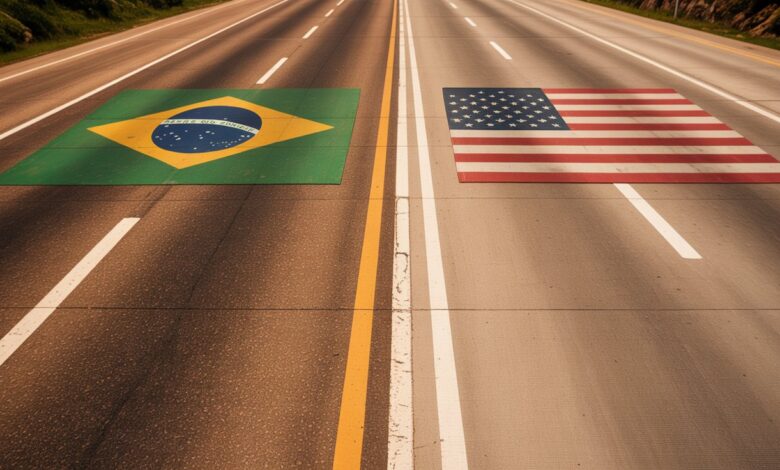 Rodovia americana de concreto comparada a rodovia brasileira de asfalto deteriorada.