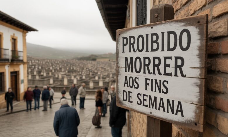 Cidade espanhola Lanjarón com placas alertando sobre proibição simbólica de falecimentos aos fins de semana
