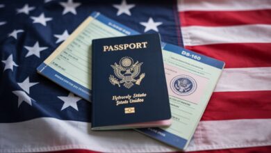 Guichê de imigração com turistas e aviso sobre caução obrigatória de US$ 15 mil.