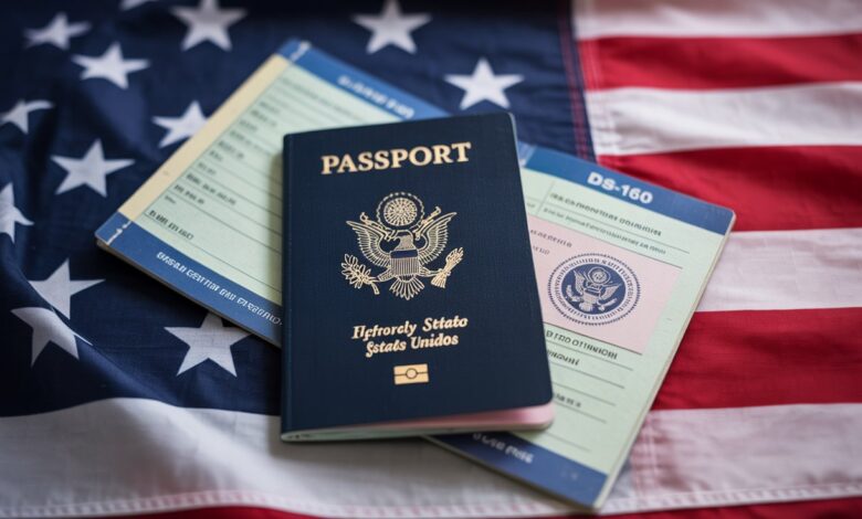 Guichê de imigração com turistas e aviso sobre caução obrigatória de US$ 15 mil.