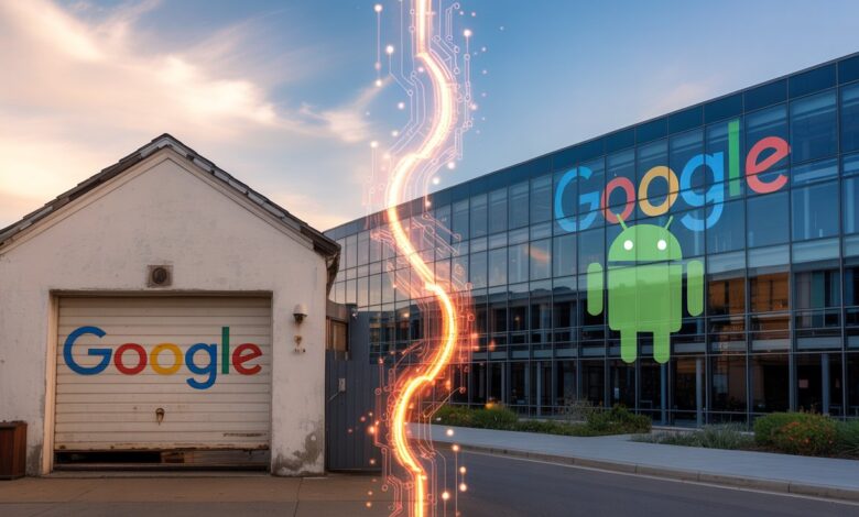 Jovem em 1999 digitando e-mail para Sergey Brin, ao lado de imagem atual como executivo do Android