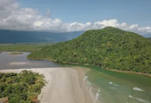 Rio e mar se encontram em praia que é um verdadeiro cartão postal de São Paulo