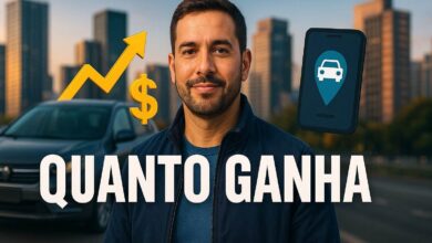 Motorista de aplicativo em São Paulo com símbolos de lucro e mobilidade, ilustrando reportagem sobre ganhos na profissão.