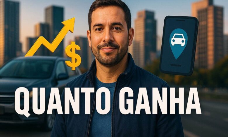 Motorista de aplicativo em São Paulo com símbolos de lucro e mobilidade, ilustrando reportagem sobre ganhos na profissão.