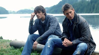 Jared Padalecki as Sam and Jensen Ackles as Dean sitting by the lake in the Supernatural episode