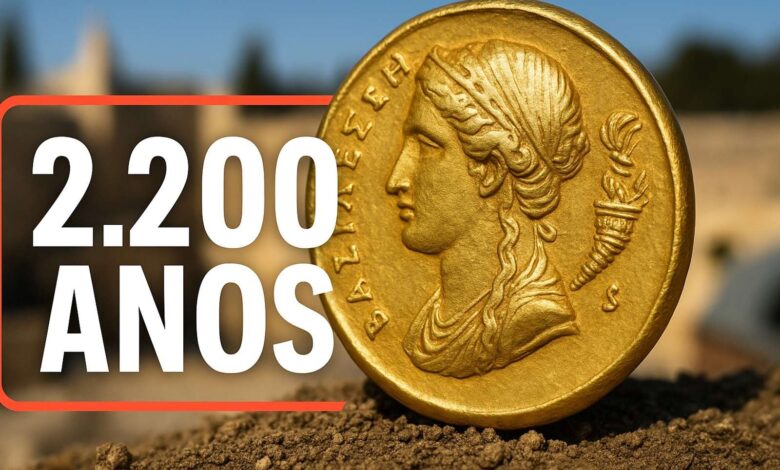 Moeda de ouro de 2.200 anos representando uma antiga rainha do Egito foi descoberta em Jerusalém