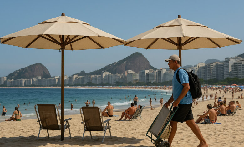 Praias do Rio de Janeiro com barracas padronizadas, quiosques e frequentadores aproveitando o verão sob o novo ordenamento da orla.