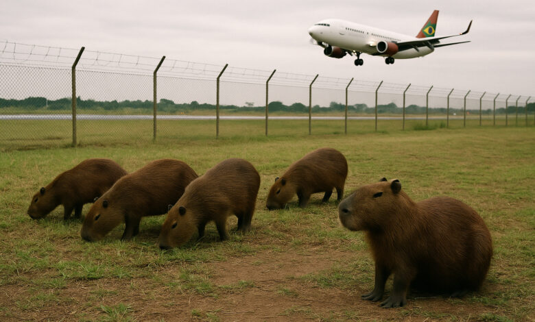Capivaras em área próxima a pista de aeroporto, com aeronave ao fundo.