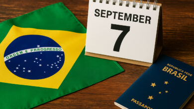 Bandeira do Brasil, calendário marcado em 7 de setembro e passaporte, representando o feriado da Independência de 2025.