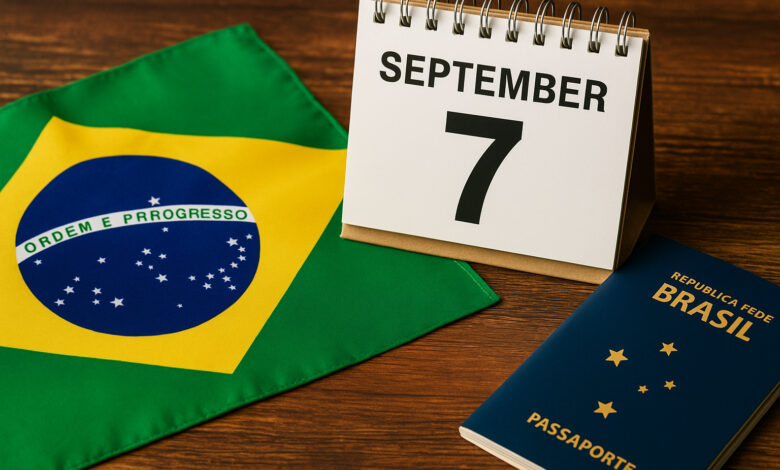 Bandeira do Brasil, calendário marcado em 7 de setembro e passaporte, representando o feriado da Independência de 2025.