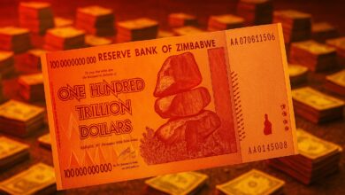Inflação no Zimbábue chegou a níveis tão extremos que o país precisou imprimir notas de 100 trilhões de dólares, símbolo de uma economia destruída pela hiperinflação