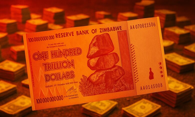 Inflação no Zimbábue chegou a níveis tão extremos que o país precisou imprimir notas de 100 trilhões de dólares, símbolo de uma economia destruída pela hiperinflação
