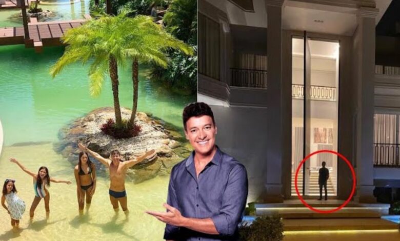 Mansão de Rodrigo Faro em Alphaville tem praia artificial de 500 mil litros, ilhas, cachoeira e elevador residencial.