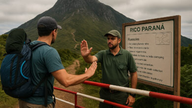 Fiscal barra trilheiro na entrada do Pico Paraná, reforçando novas regras de visitação e preservação ambiental.